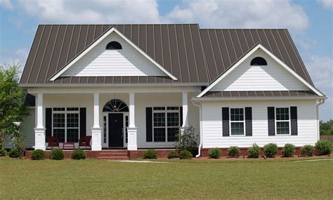 white house brown metal roof|light brown exterior house paint.